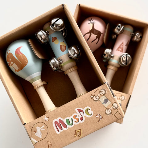 Kaper Kidz Musical- Calm & Breezy Squirrel Wooden Maraca & Bell Stick set- 2 pc